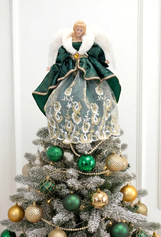 Angel tree topper in green and gold dress with embroidered lace and feathered wings