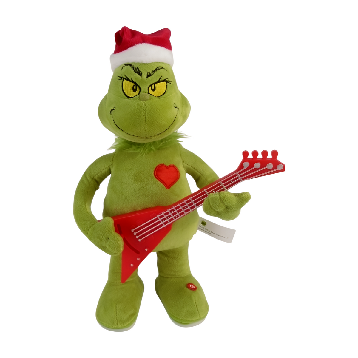 Animated Grinch plush wearing a Santa hat and holding a red guitar with a glowing red heart on its chest