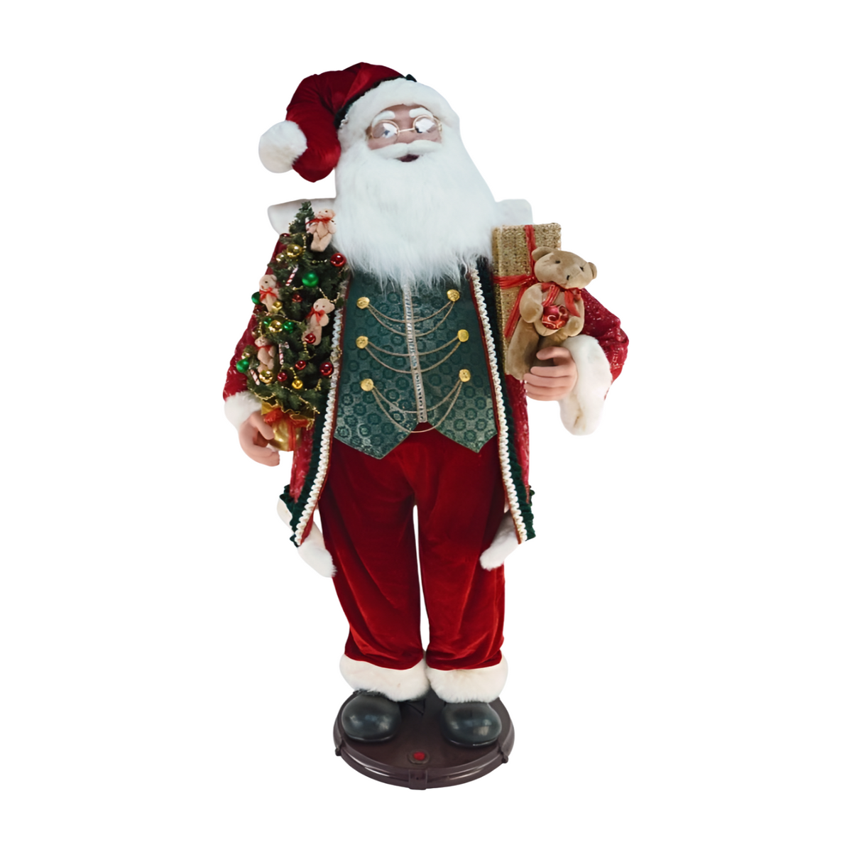 Animated musical Santa wearing a red velvet suit and green vest, holding a decorated Christmas tree, teddy bear, and gift
