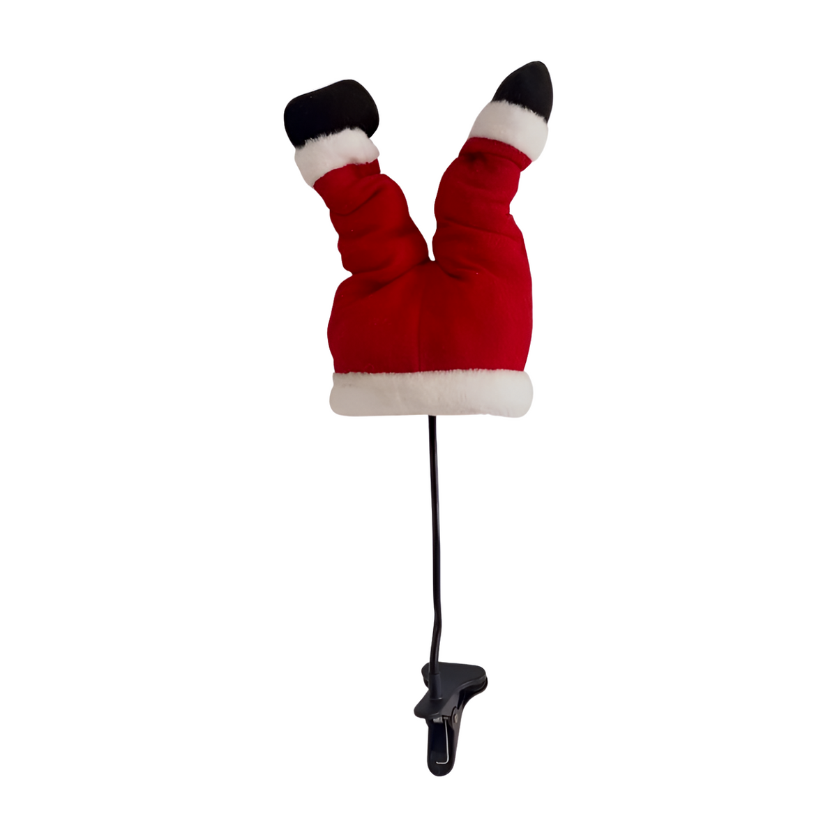 Animated Santa legs tree decoration with red pants, black boots, and white fur trim on a clip