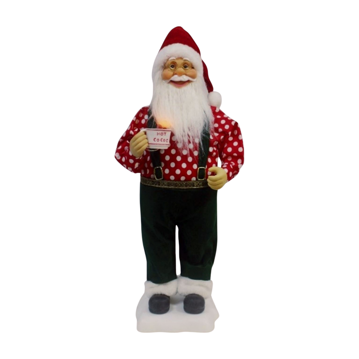 Animated Santa figure holding a glowing mug of hot cocoa, wearing red polka-dot shirt and green trousers