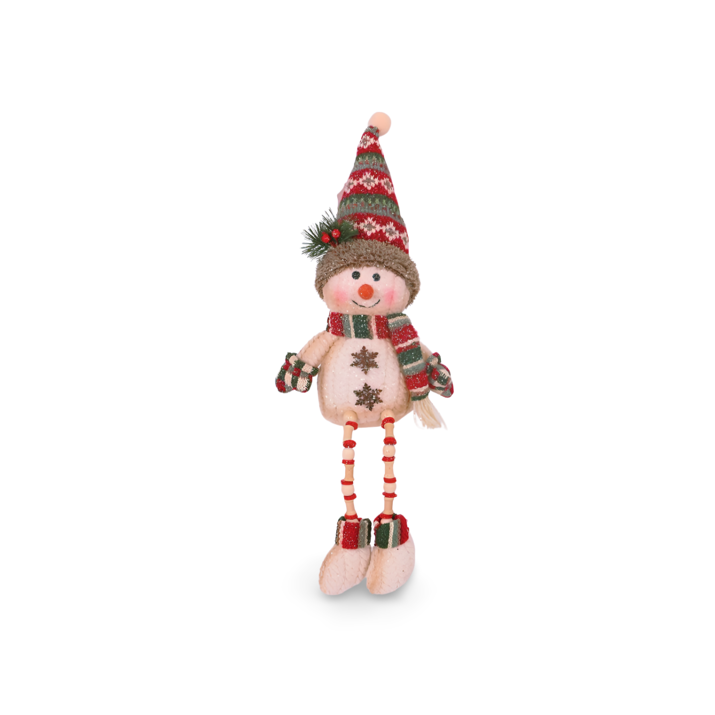 Plush snowman shelf sitter with a cream body, red, green, and white striped knit hat with pom-pom and holly berries, matching scarf and mittens, star-shaped buttons, and long beaded legs with plush boots.