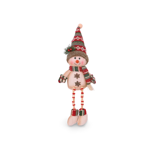 Plush snowman shelf sitter with a cream body, red, green, and white striped knit hat with pom-pom and holly berries, matching scarf and mittens, star-shaped buttons, and long beaded legs with plush boots.