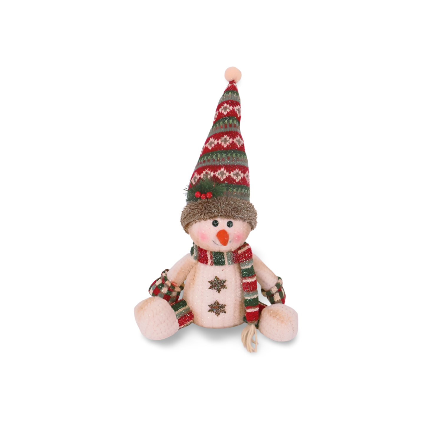 Plush snowman decoration with a cream body, red, green, and white patterned knit hat with pom-pom and holly berries, matching striped scarf, and two star-shaped buttons.