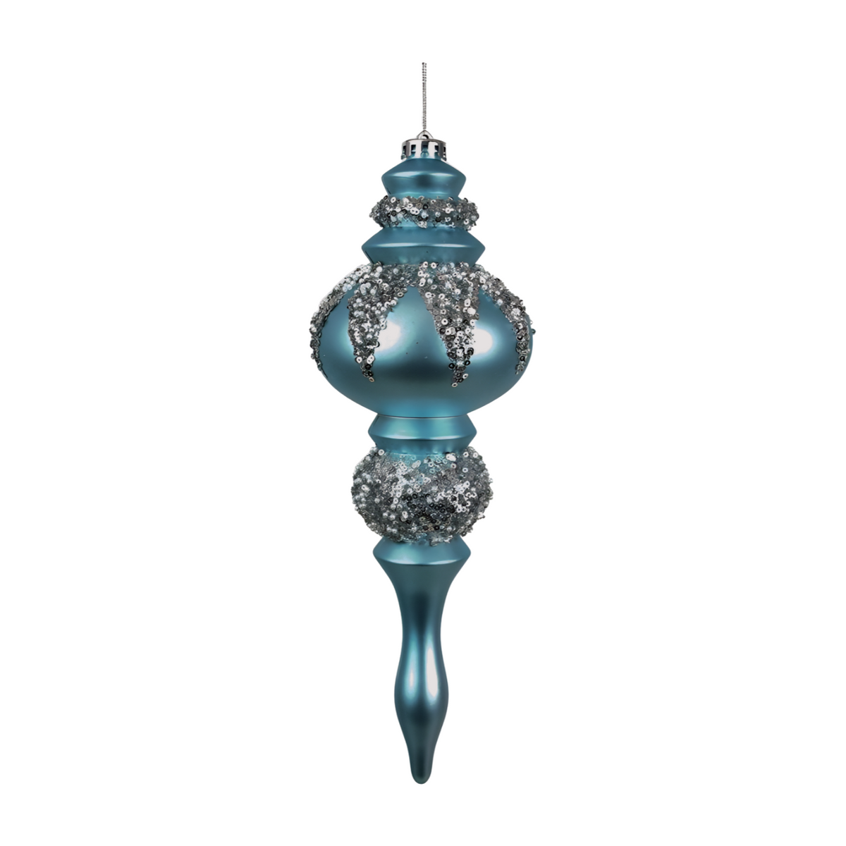 Arctic blue finial drop bauble with cascading silver sequin embellishment, stepped ridges, and pointed drop