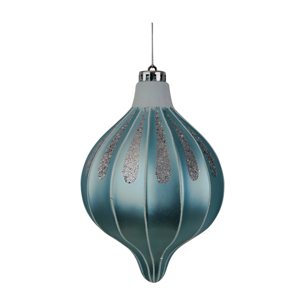 Arctic blue ribbed onion-shaped bauble with silver glitter teardrop accents, white grooves, and silver cap