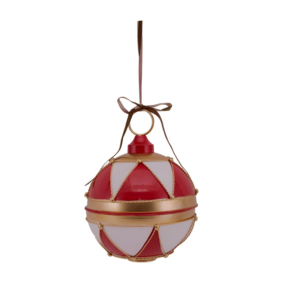 Red, white and gold harlequin patterned bauble bell with rope trim, stud detail, and brown ribbon bow