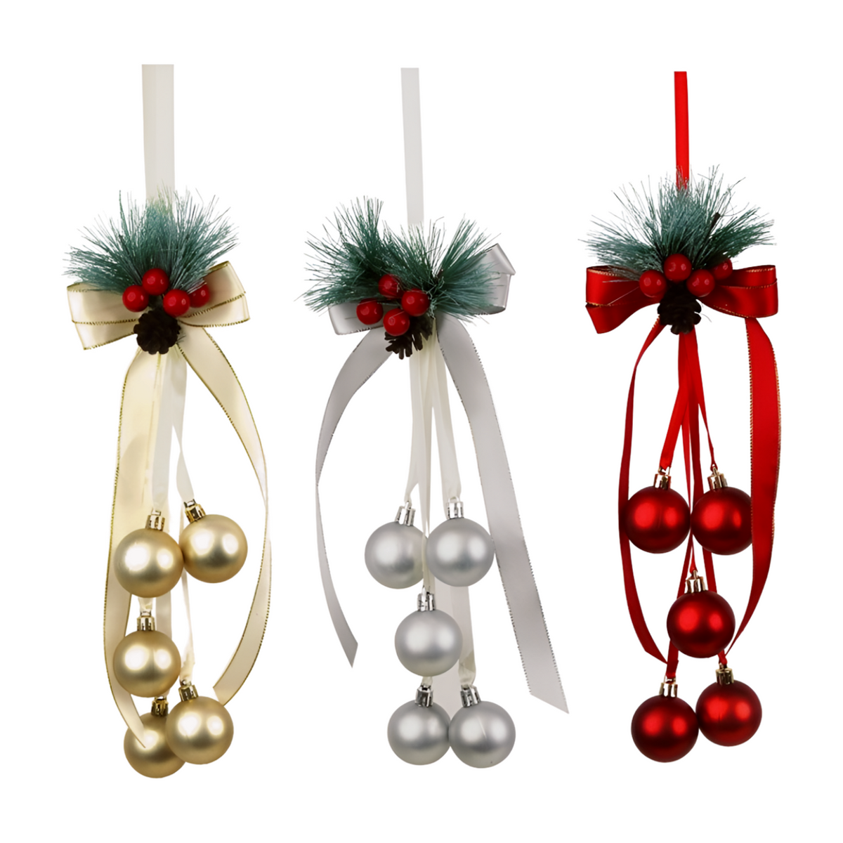 Gold, silver, and red bauble cluster door hangers with ribbon bows, frosted pine sprigs, and red berries