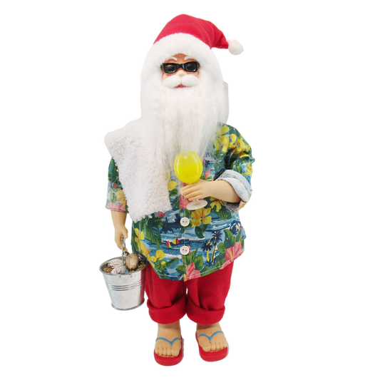 Standing Santa figurine in a Hawaiian shirt, jandals and sunglasses holding a cocktail and bucket of shells