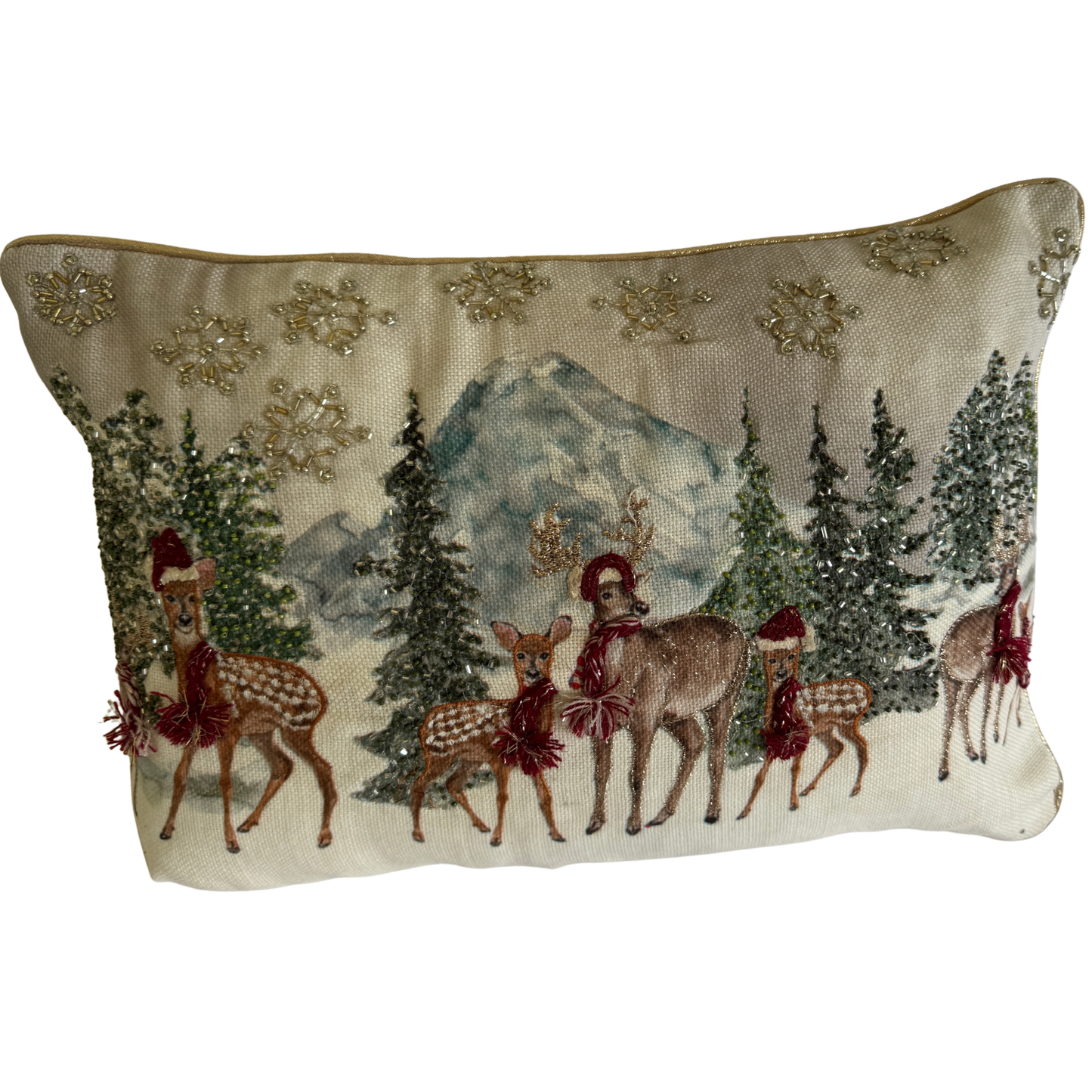 Hand-beaded cream Christmas cushion with deer, trees, and snowflake design