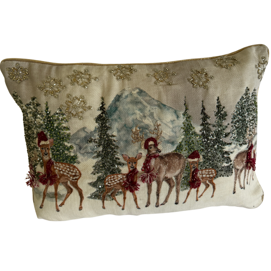 Hand-beaded cream Christmas cushion with deer, trees, and snowflake design