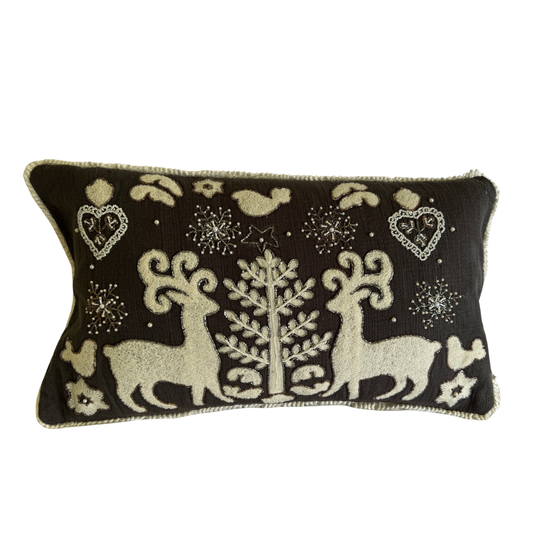 Beaded Christmas cushion with reindeer, tree, and snowflake design