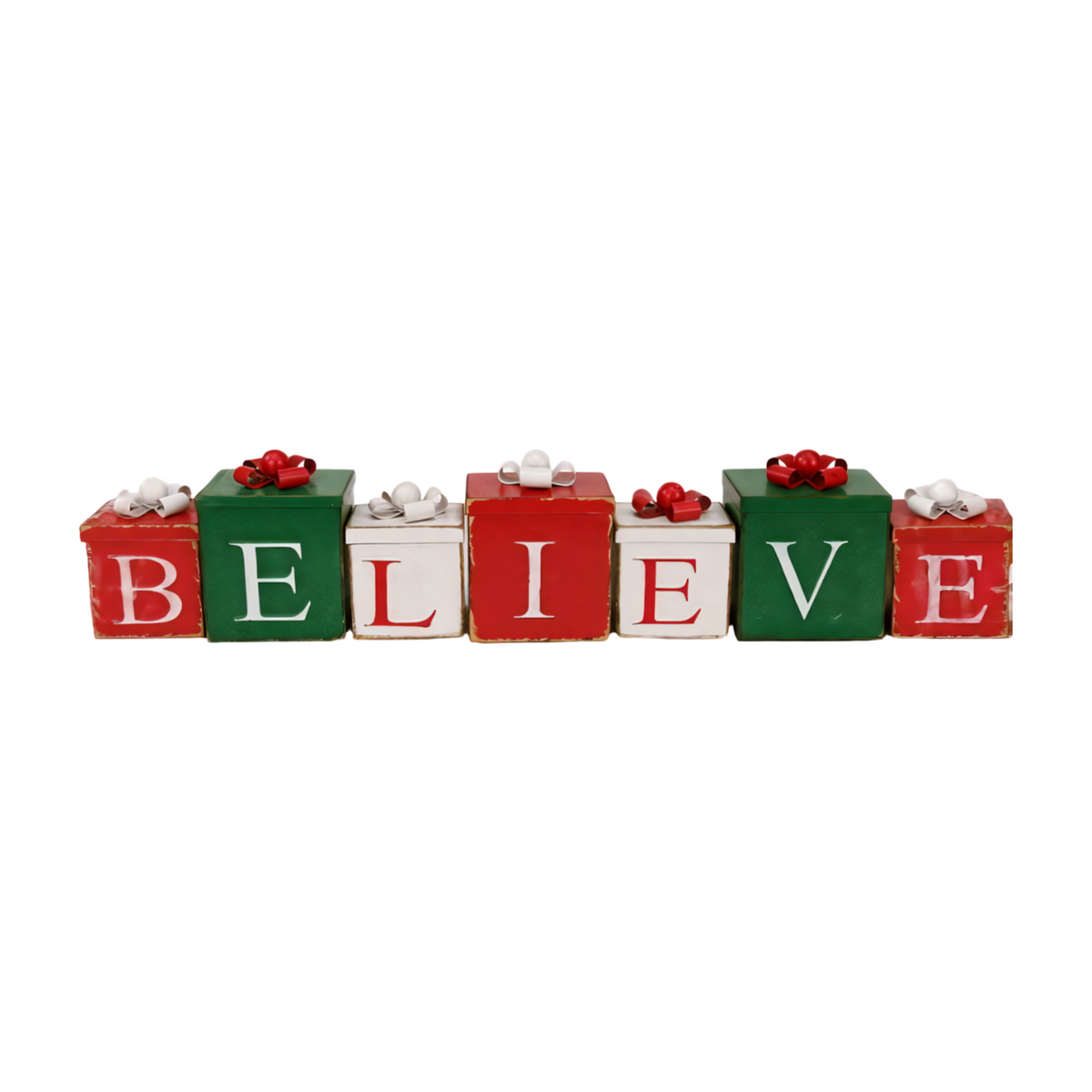 Metal decoration featuring red, green, and white gift boxes with bows spelling the word BELIEVE