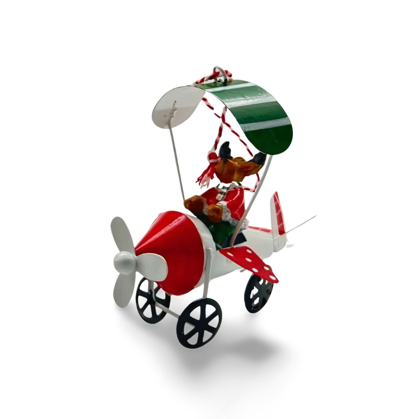 Metal Christmas ornaments shaped like airplanes in red, green, and white, each with a festive character—Santa, snowman, or reindeer—piloting under a striped canopy.