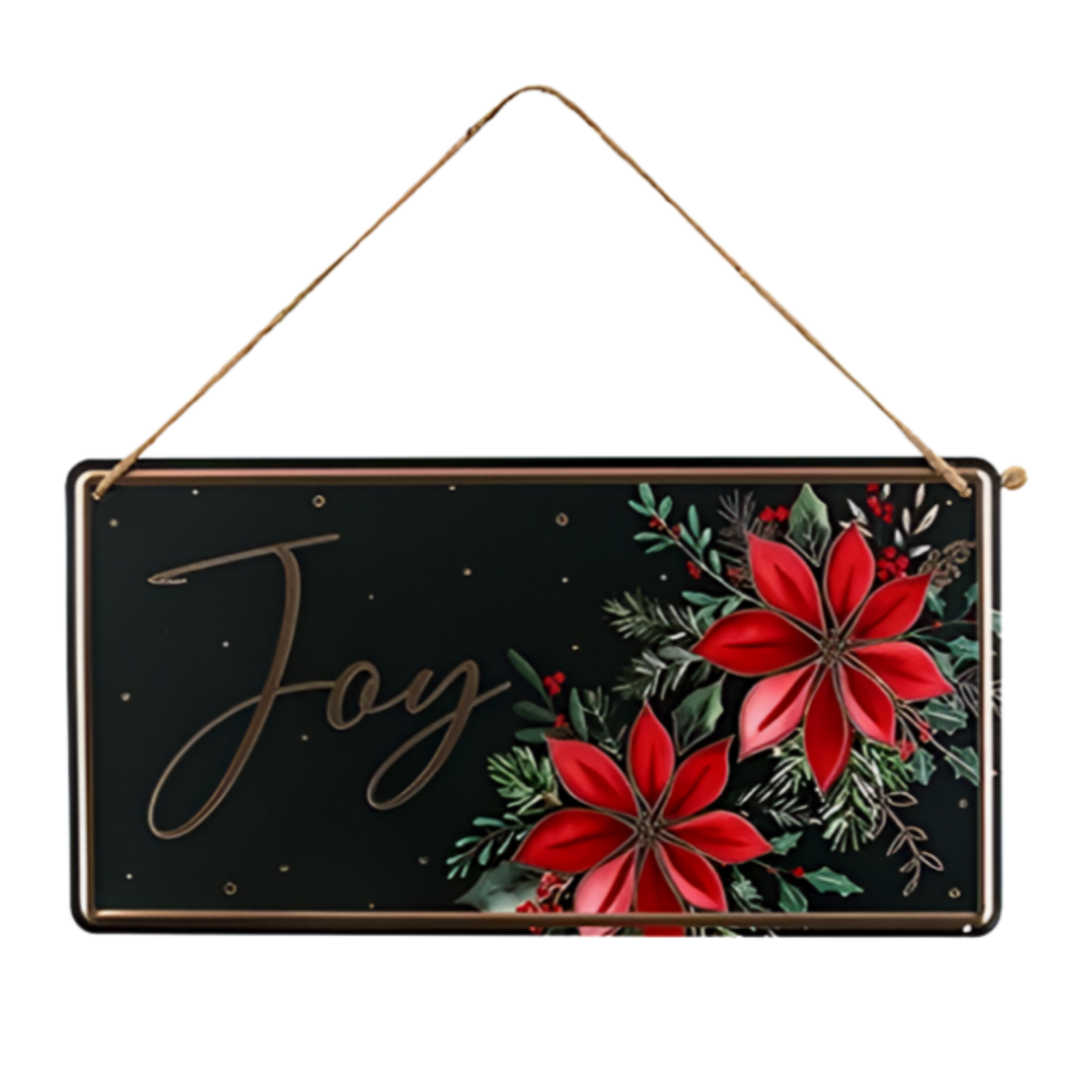 Black rectangular hanging Christmas sign with red poinsettia and Joy in large gold script, suspended from a gold cord