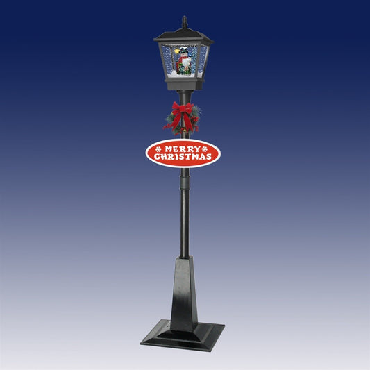 Black musical snowing lamp post with snowman scene, Merry Christmas sign and festive wreath decoration