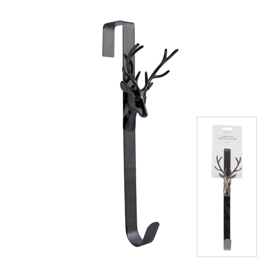 Black over-door wreath hanger with sculpted stag head and branching antler detail