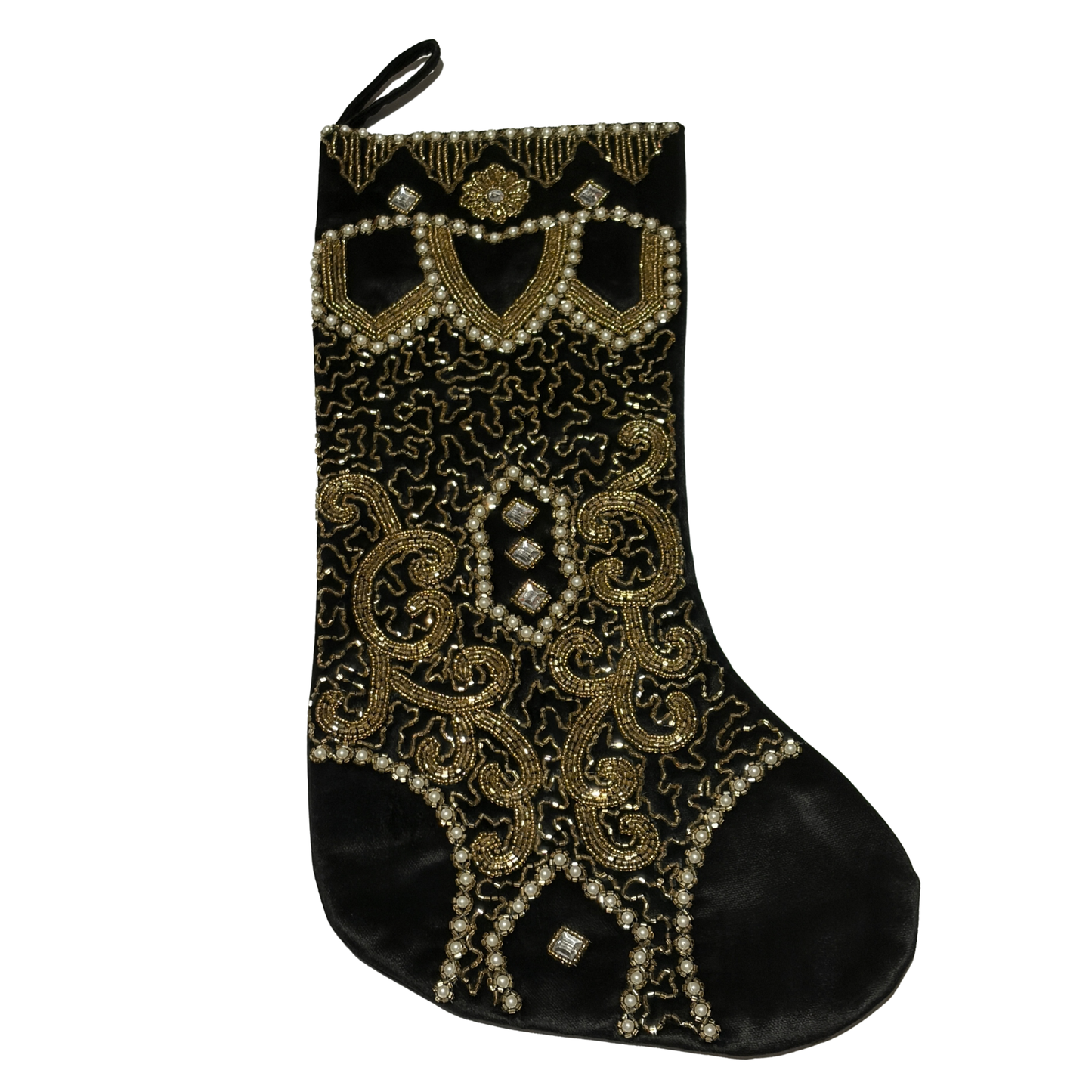 Hand-beaded black velvet Christmas stocking with gold bead and sequin designs