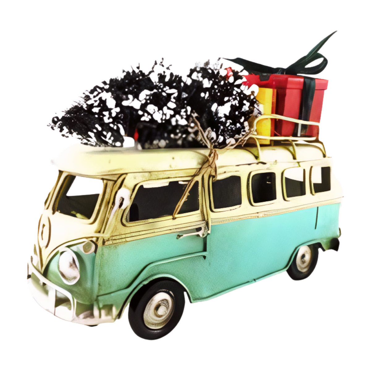 Angle view blue and cream vintage-style metal combi van with a snow-covered Christmas tree and wrapped presents on the roof