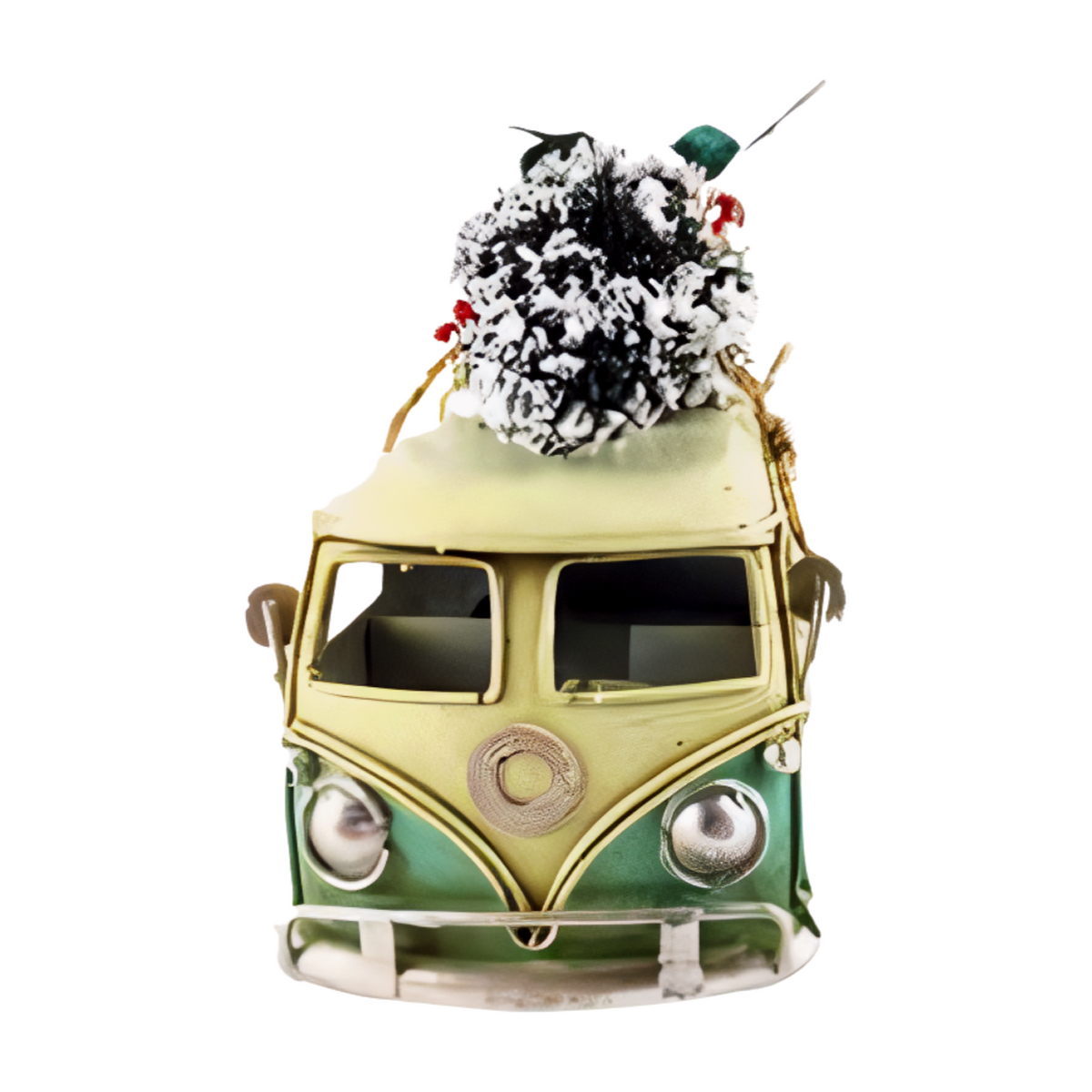 Front view blue and cream vintage-style metal combi van with a snow-covered Christmas tree and wrapped presents on the roof