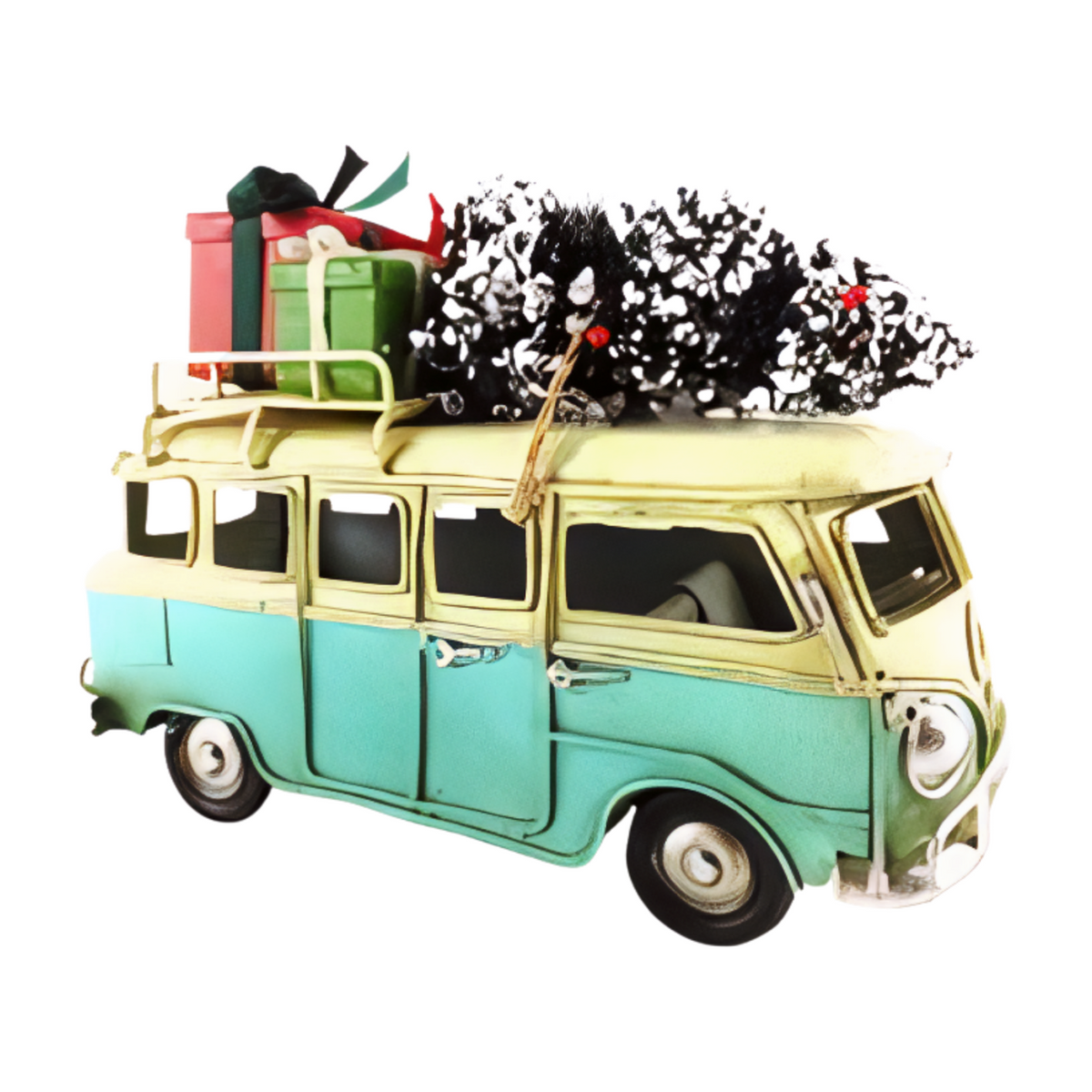 Opposite view blue and cream vintage-style metal combi van with a snow-covered Christmas tree and wrapped presents on the roof