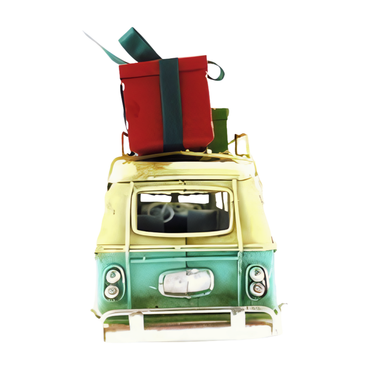 Rear view blue and cream vintage-style metal combi van with a snow-covered Christmas tree and wrapped presents on the roof
