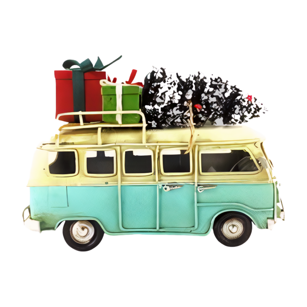 Side view blue and cream vintage-style metal combi van with a snow-covered Christmas tree and wrapped presents on the roof