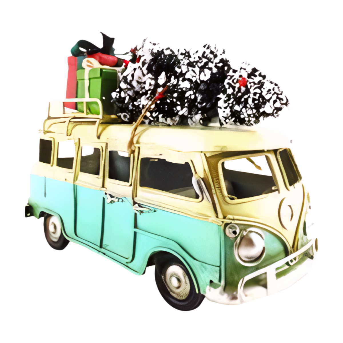 Blue and cream vintage-style metal combi van with a snow-covered Christmas tree and wrapped presents on the roof