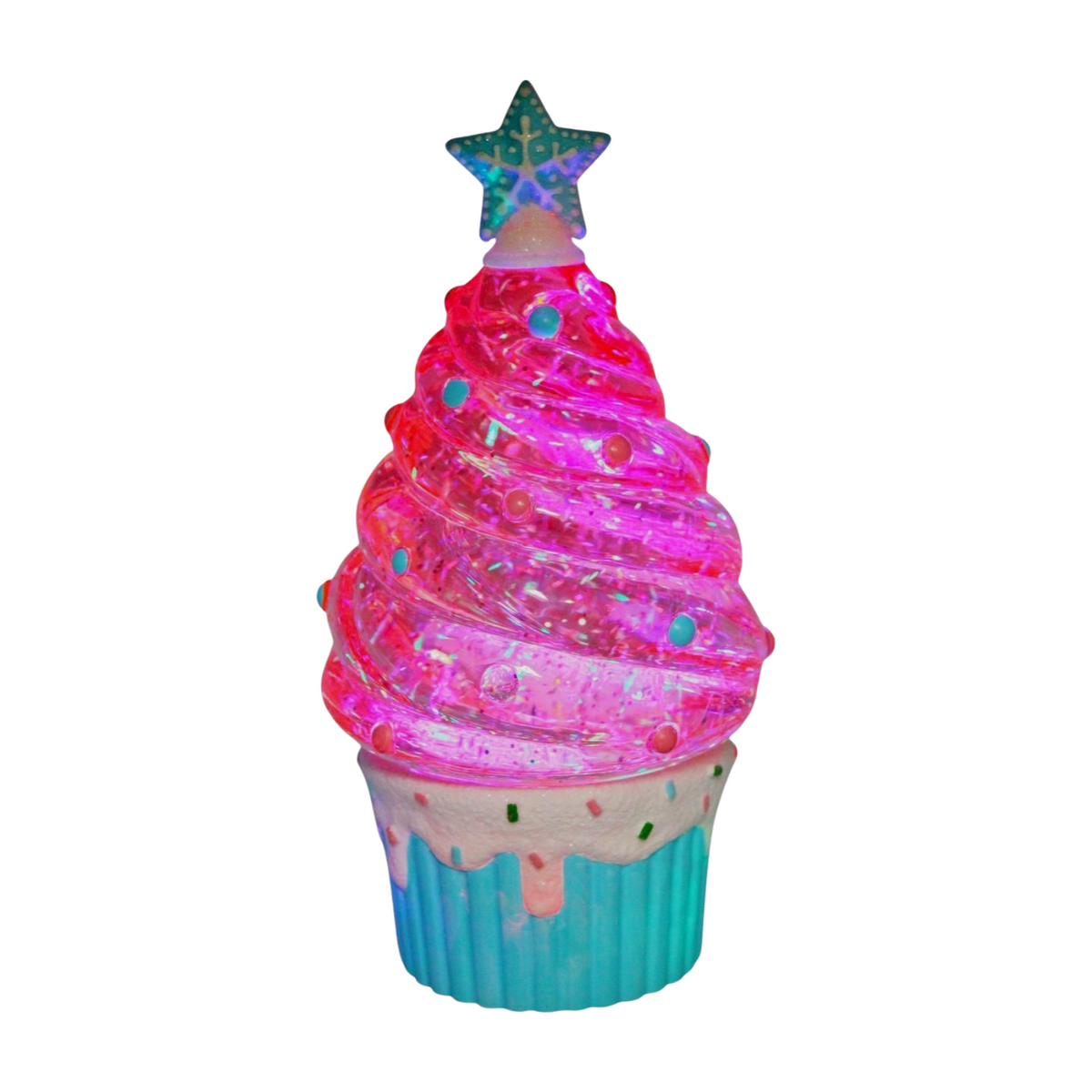 Illuminated blue glitter cupcake Christmas tree decoration glowing pink with star topper