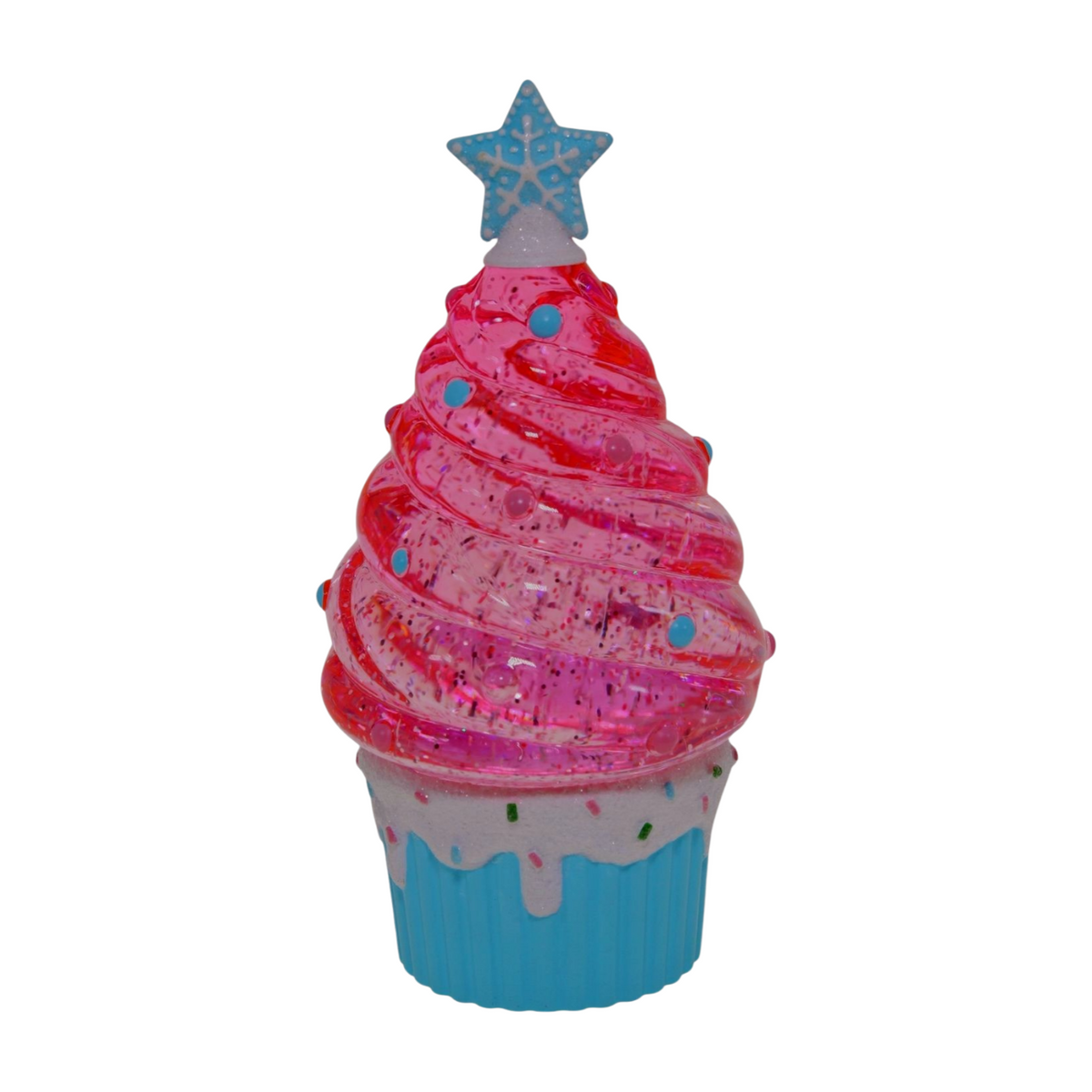Blue glitter cupcake-shaped Christmas tree decoration with pink swirl top and star topper