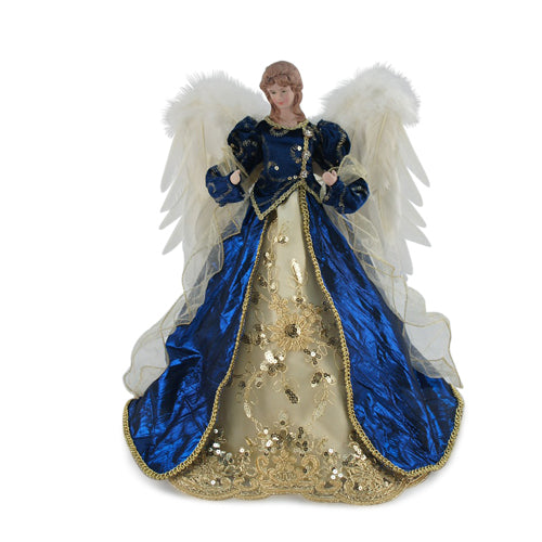 Christmas tree topper angel figurine wearing a royal blue dress with gold sequined skirt and feathered wings