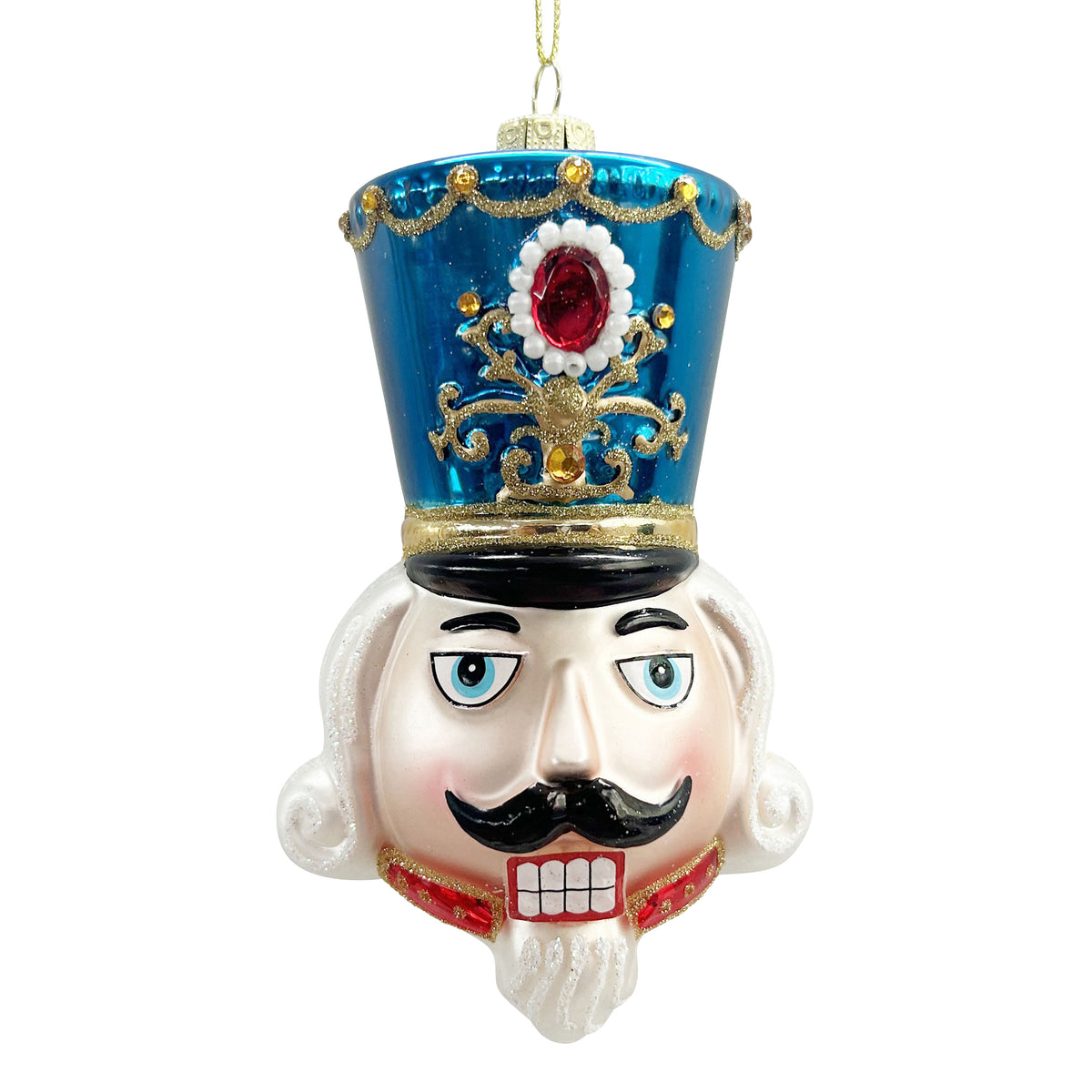 Blue and gold nutcracker head glass ornament with jewelled hat, red gem centrepiece and classic painted face
