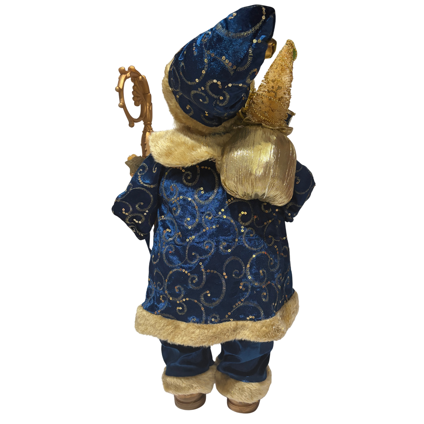 Standing Santa Claus wearing royal blue with gold accents, holding a sack of presents and a gold staff