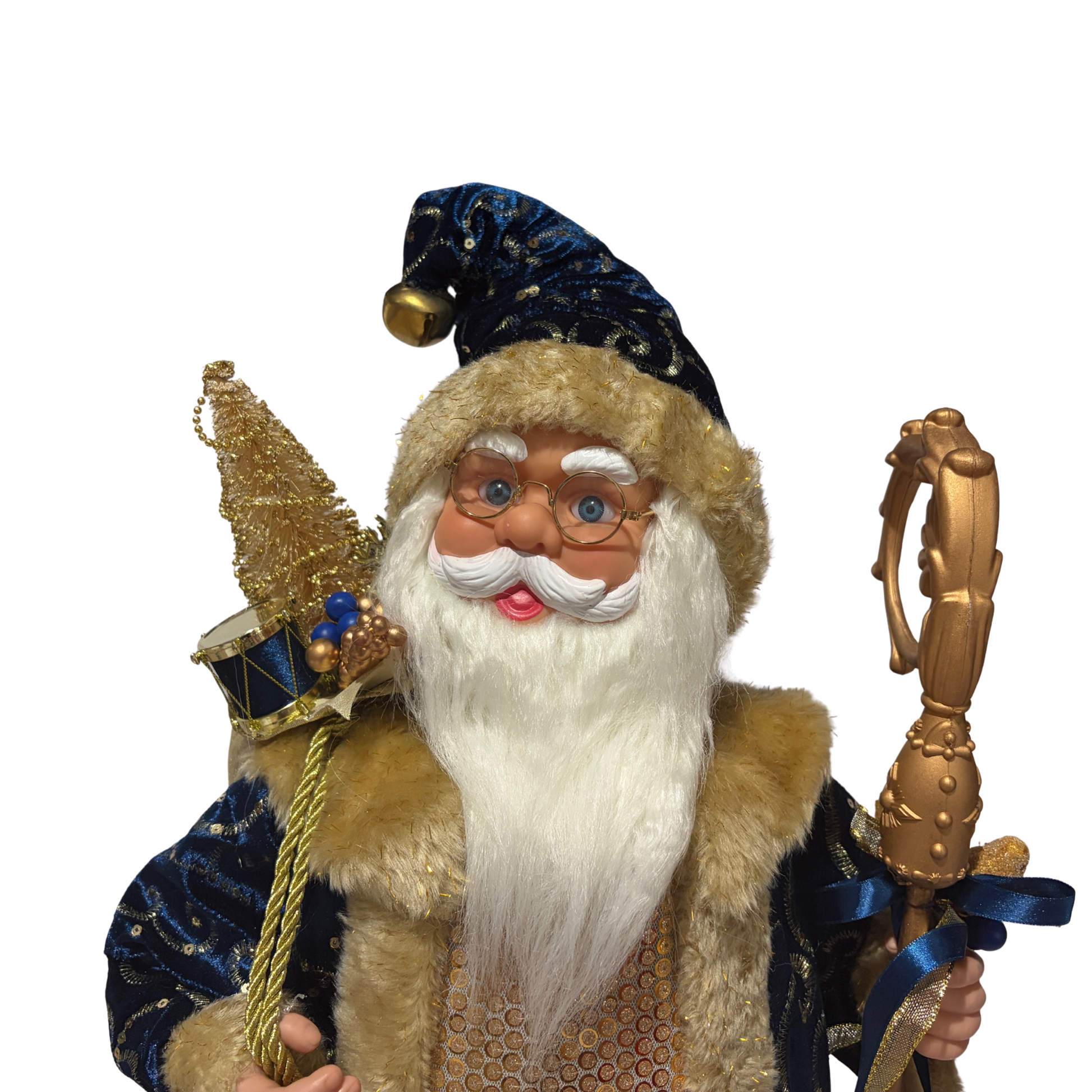 Standing Santa Claus wearing royal blue with gold accents, holding a sack of presents and a gold staff