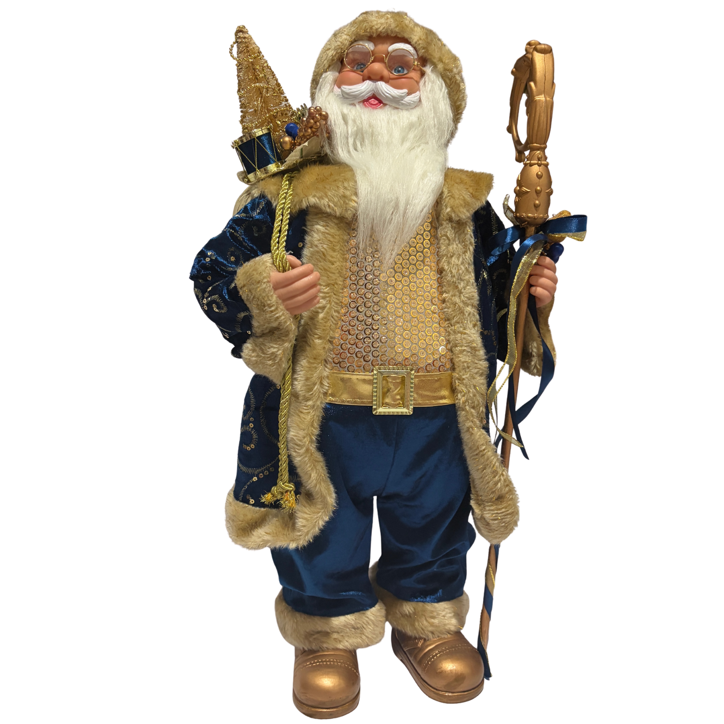 Standing Santa Claus wearing royal blue with gold accents, holding a sack of presents and a gold staff