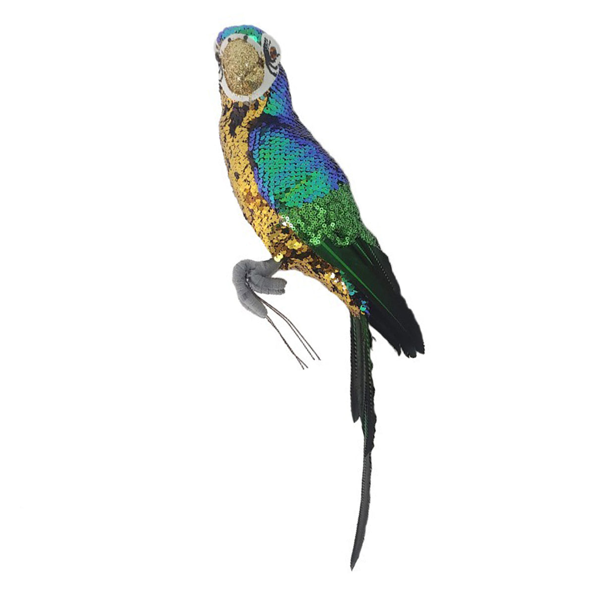 Blue and green sequin parrot decoration with gold chest, iridescent wings and long dark tapered tail feathers