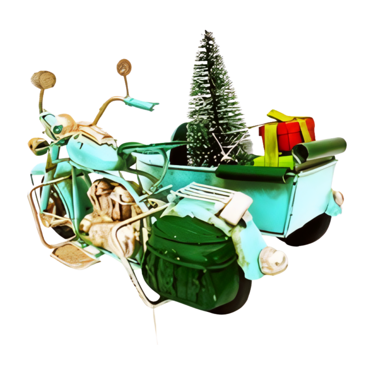 Angled left rear blue motorbike Christmas decoration with a sidecar carrying a small Christmas tree, wrapped presents, and a wreath on the front