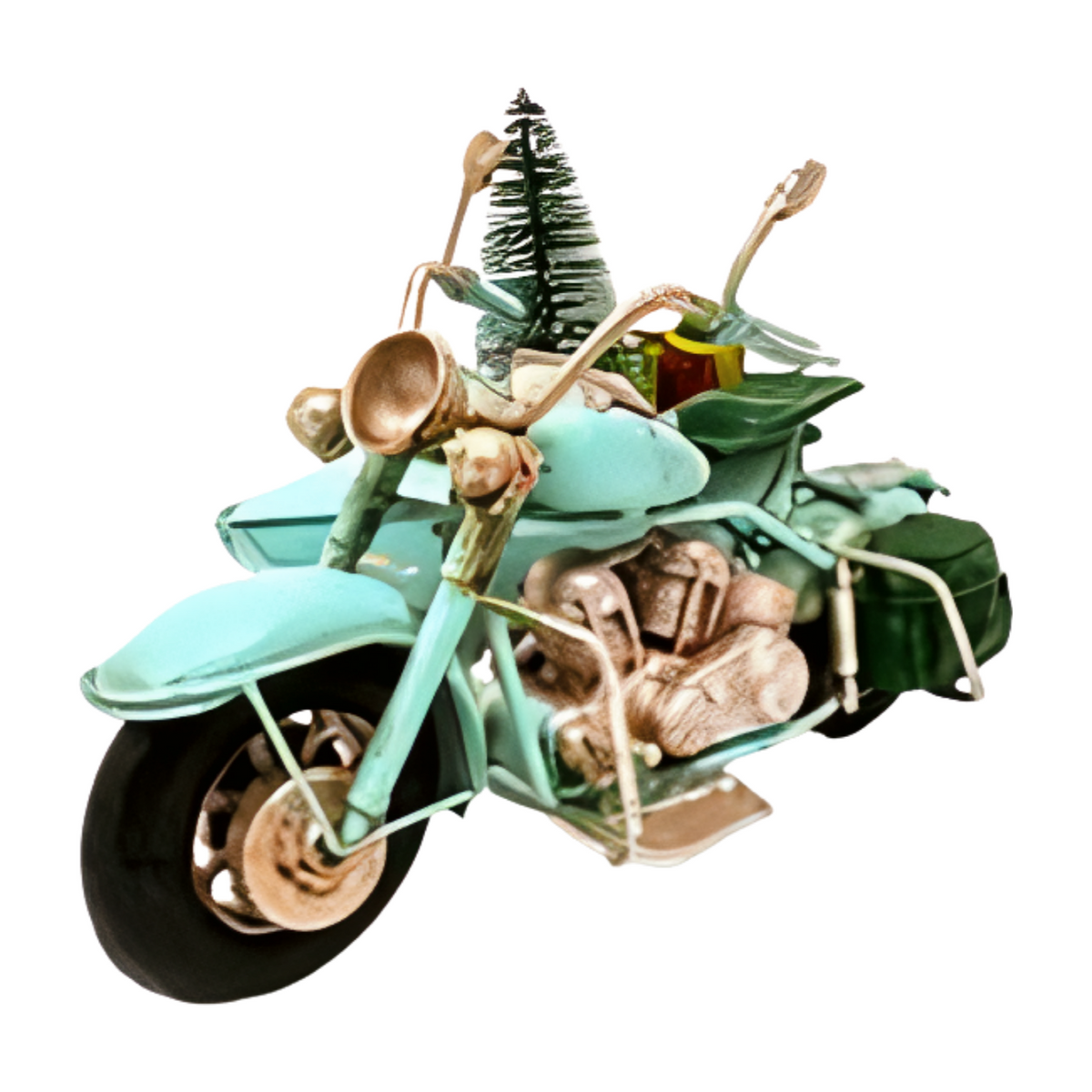 Angled left view blue motorbike Christmas decoration with a sidecar carrying a small Christmas tree, wrapped presents, and a wreath on the front