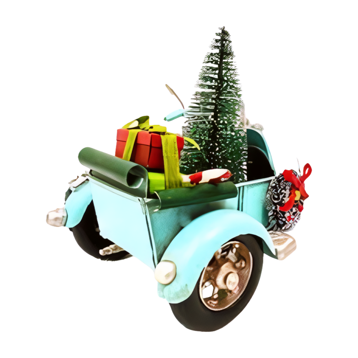 Angeld rear view blue motorbike Christmas decoration with a sidecar carrying a small Christmas tree, wrapped presents, and a wreath on the front