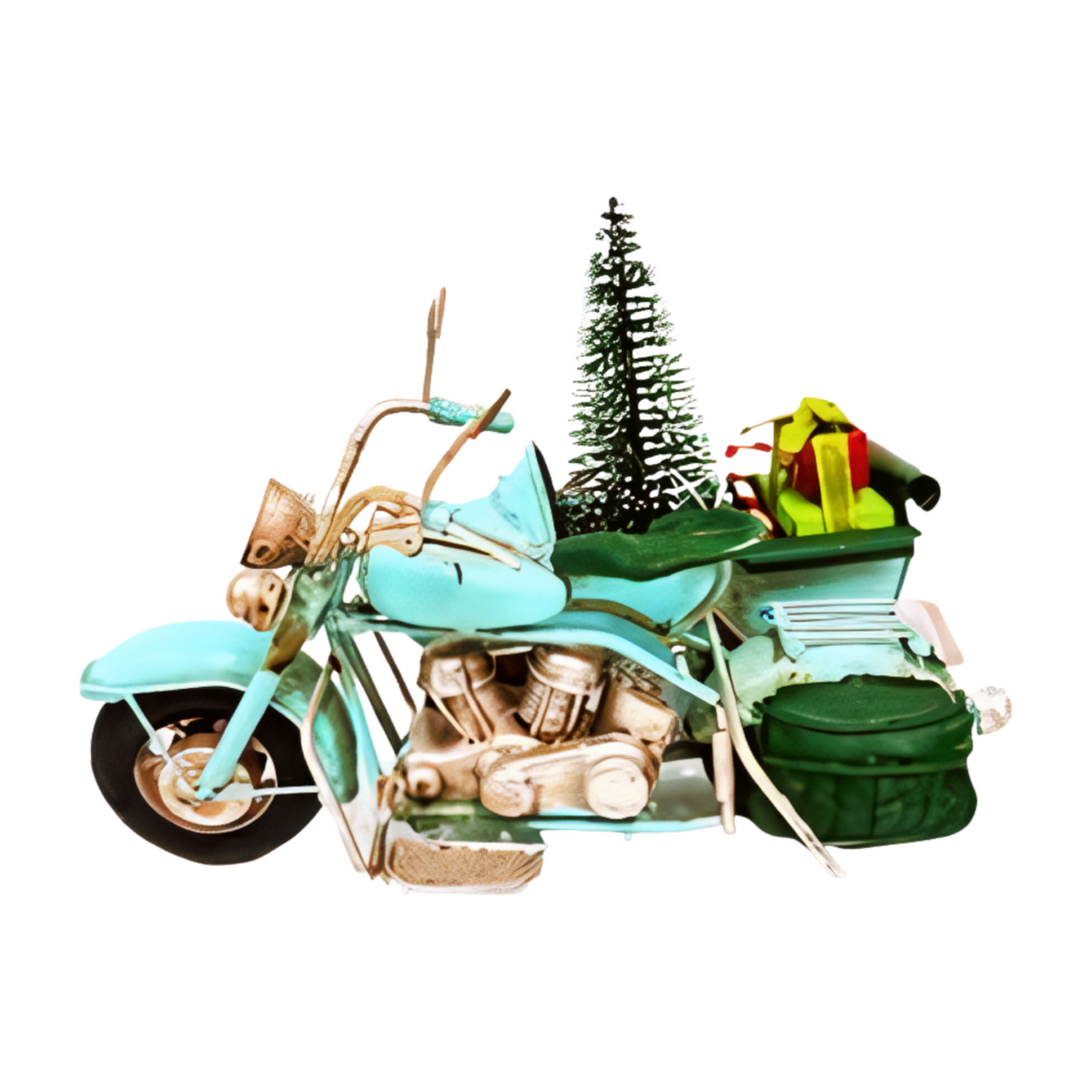 Left view blue motorbike Christmas decoration with a sidecar carrying a small Christmas tree, wrapped presents, and a wreath on the front