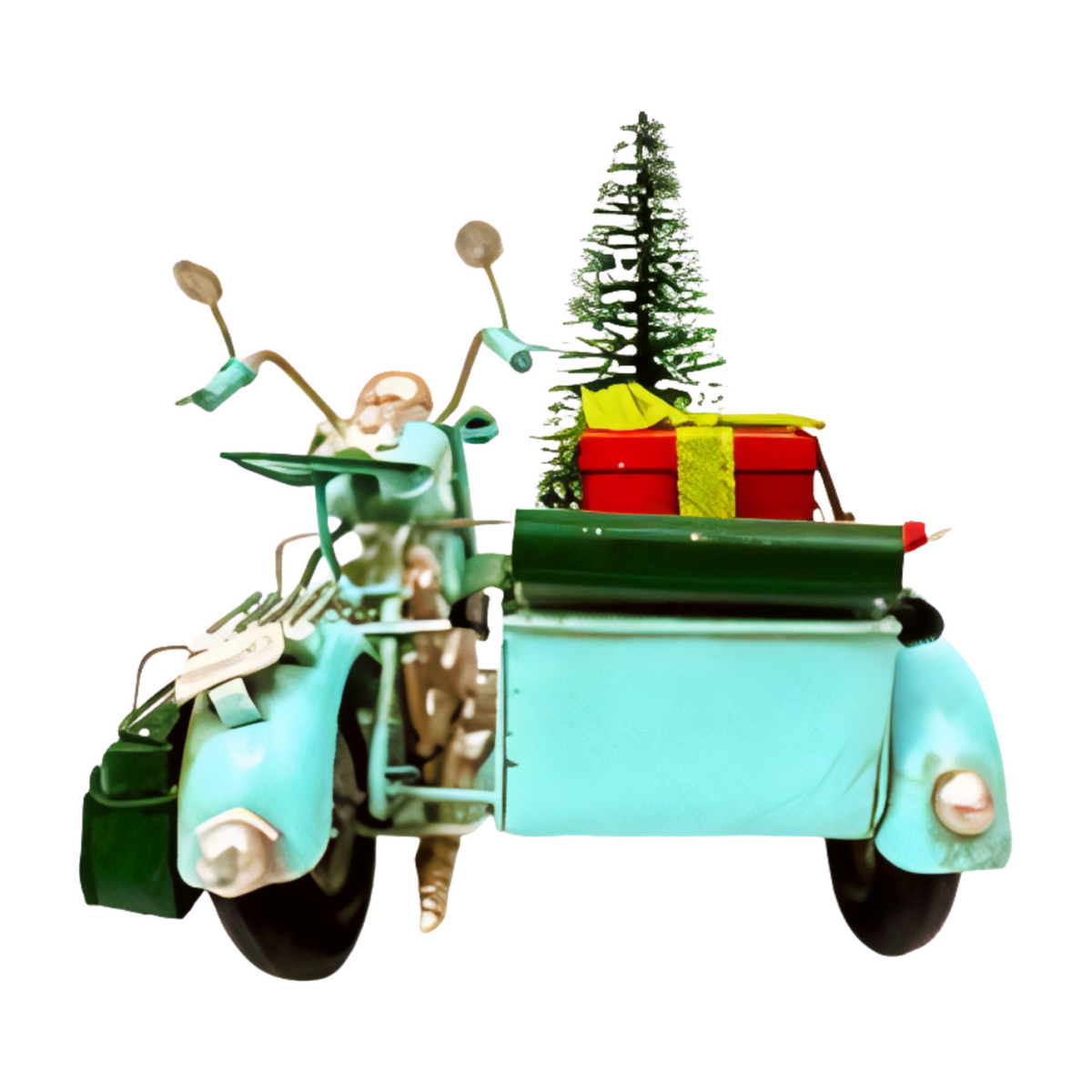 Rear view blue motorbike Christmas decoration with a sidecar carrying a small Christmas tree, wrapped presents, and a wreath on the front