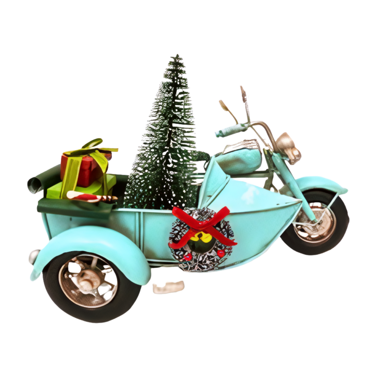 Side view blue motorbike Christmas decoration with a sidecar carrying a small Christmas tree, wrapped presents, and a wreath on the front