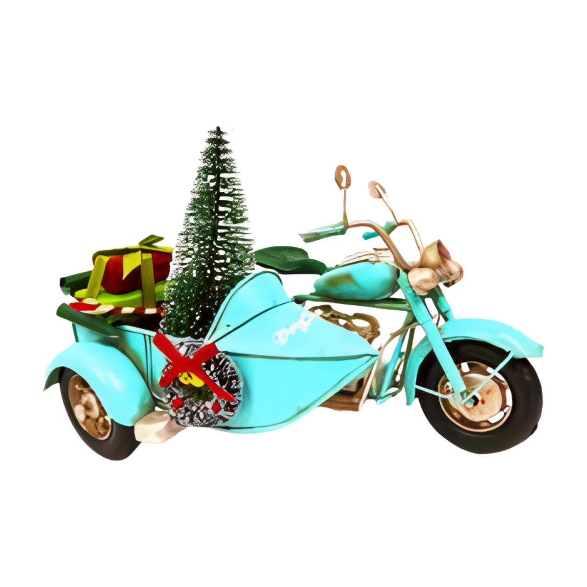 Blue motorbike Christmas decoration with a sidecar carrying a small Christmas tree, wrapped presents, and a wreath on the front