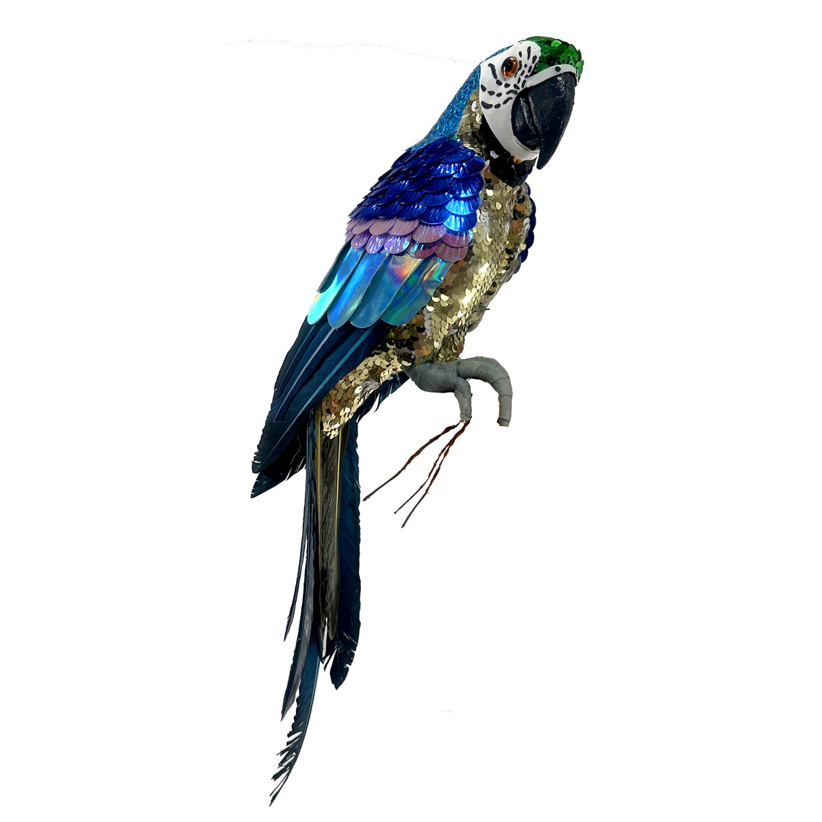 Blue and purple sequin macaw decoration with gold sequin body and iridescent tail feathers