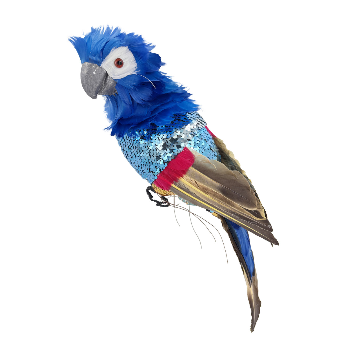 Blue sequin parrot Christmas decoration with vivid blue feather crest, teal sequin body and natural brown tail feathers