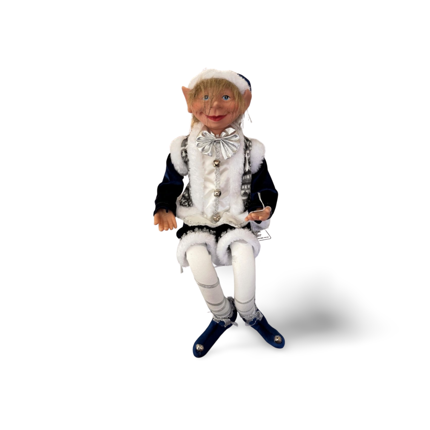 Blue and silver sitting elf figurine with white fur trim, silver bow tie, and navy outfit