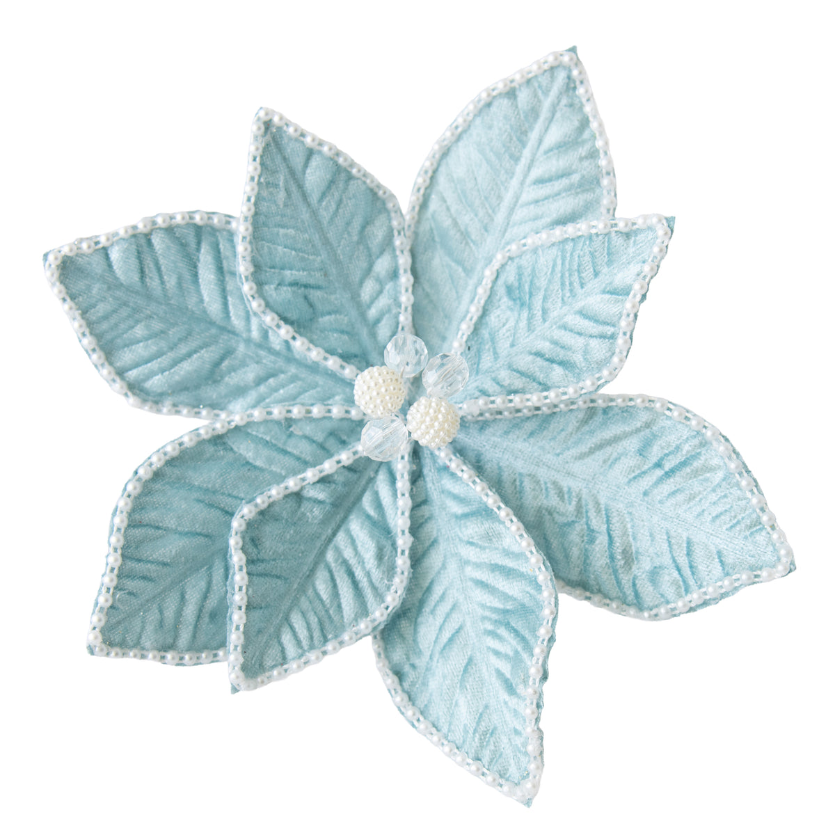 Powder blue poinsettia clip-on flower decoration with white pearl bead edging and pearl and crystal bead centre