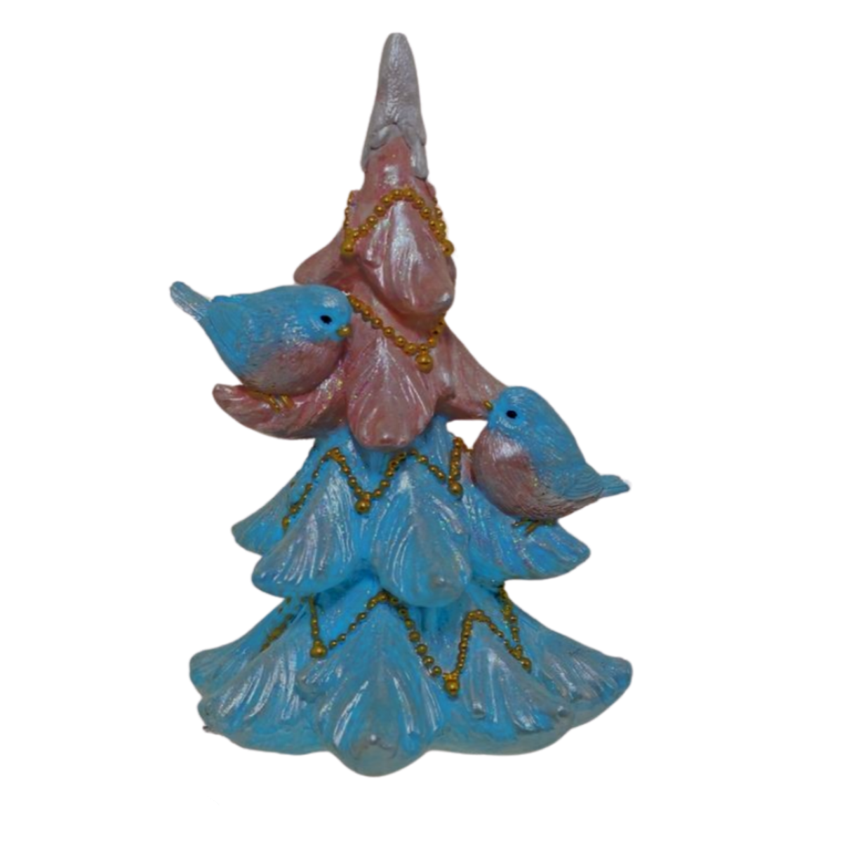 Two bluebirds perched on a glittered blue and pink Christmas tree ornament with gold beaded detail