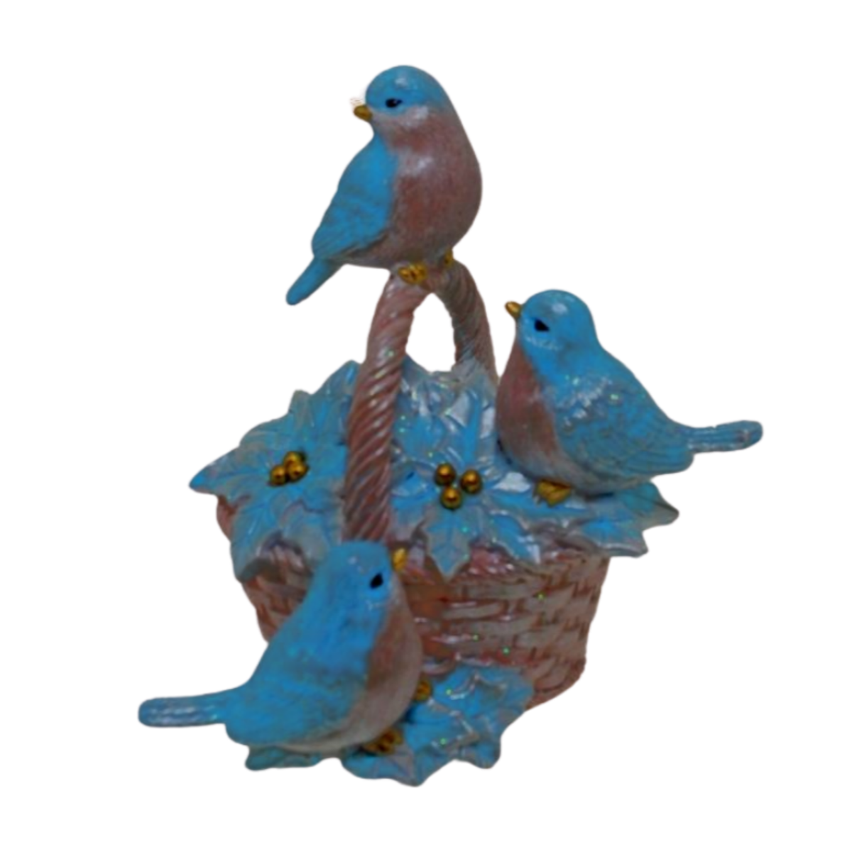 Three bluebirds perched on a woven basket decorated with glittered poinsettia flowers and gold berries