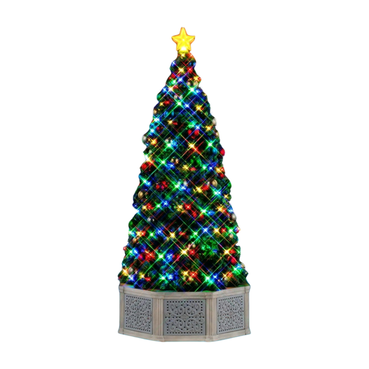 Illuminated Christmas village tree with multicoloured star-burst lights, red and gold baubles, gold star topper, and decorative octagonal base